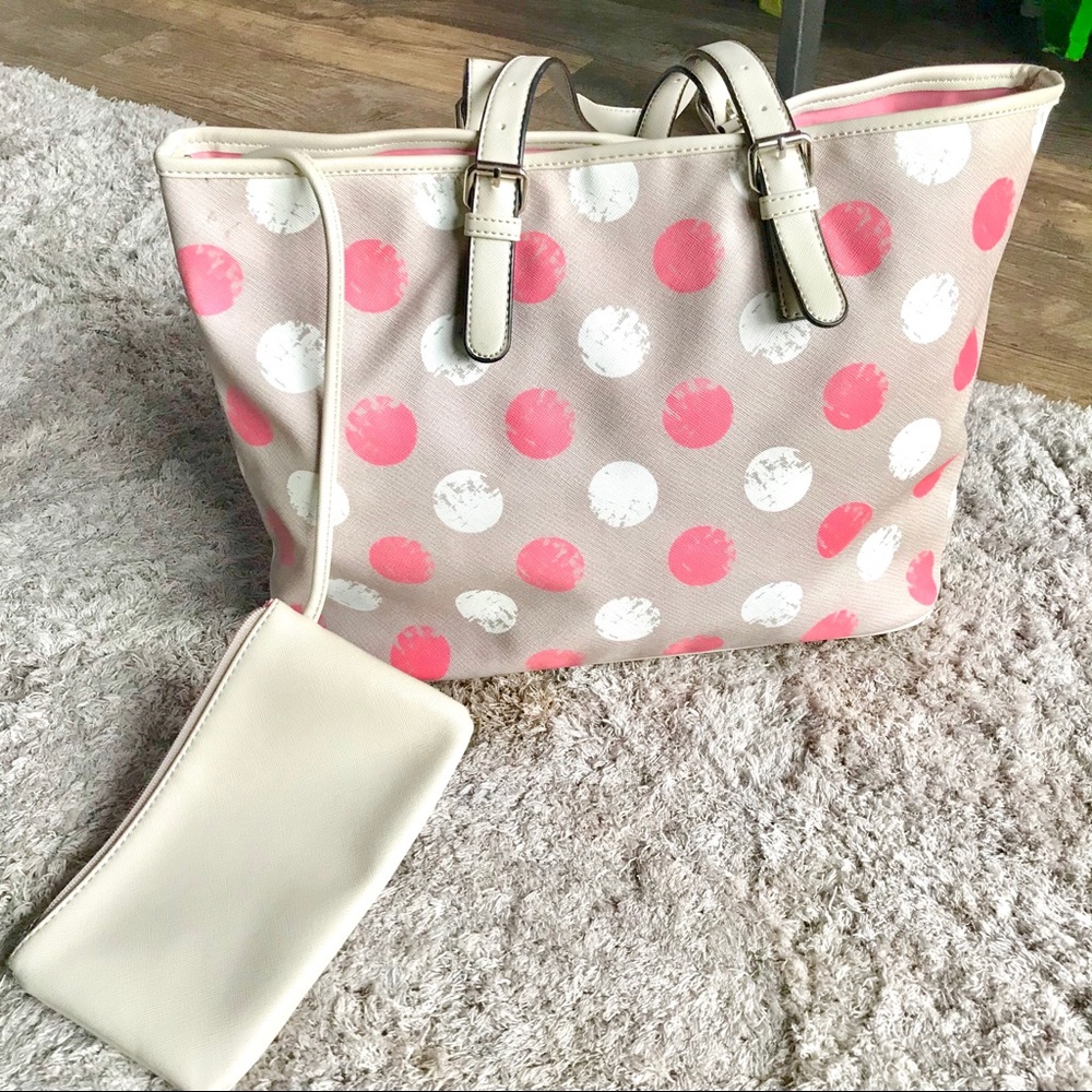 Beige Pink Polkadot tote with attached purse